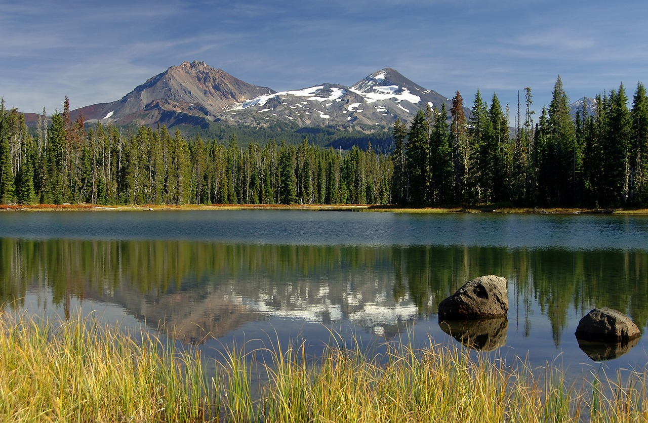 Kraštovaizdis, Vaizdingas, Lauke, Taikus, Scott Ežeras, Atspindys, Trys Seserys, Kalnai, Willamette Nacionalinis Miškas, Oregonas