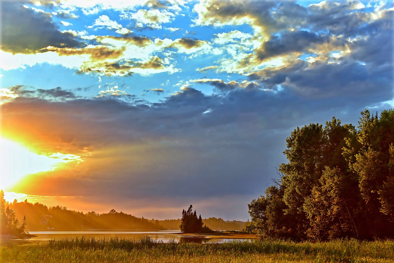 Kraštovaizdis, Saulėlydis, Twilight, Vakaras, Debesys, Ežeras, Vanduo, Medžiai, Québec, Kanada