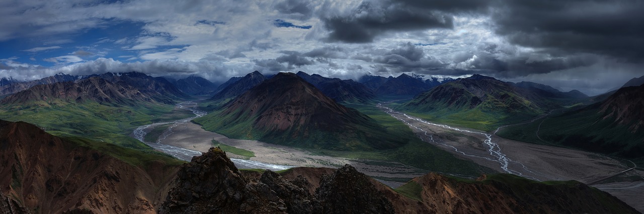 Kraštovaizdis, Kalnai, Dykuma, Panorama, Toklat Upė, Galvos Upės, Denali, Nacionalinis Parkas, Alaska, Usa