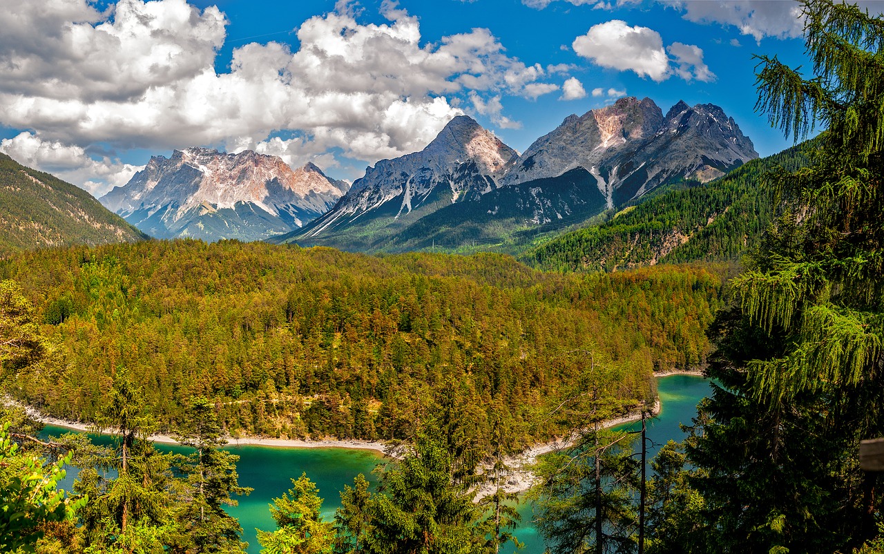 Kraštovaizdis, Kalnai, Debesys, Natūralus, Mėlynas Dangus, Ežeras, Vaizdas, Vasara, Austria, Zugspitze