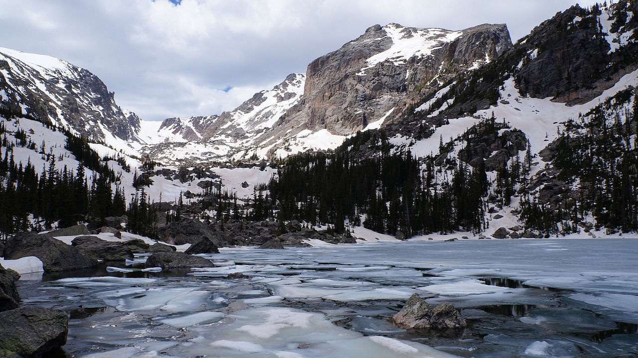 Kraštovaizdis, Vaizdingas, Žiema, Sniegas, Ežeras Haiyaha, Uolingas Kalnų Nacionalinis Parkas, Colorado, Usa, Lauke, Vakaruose
