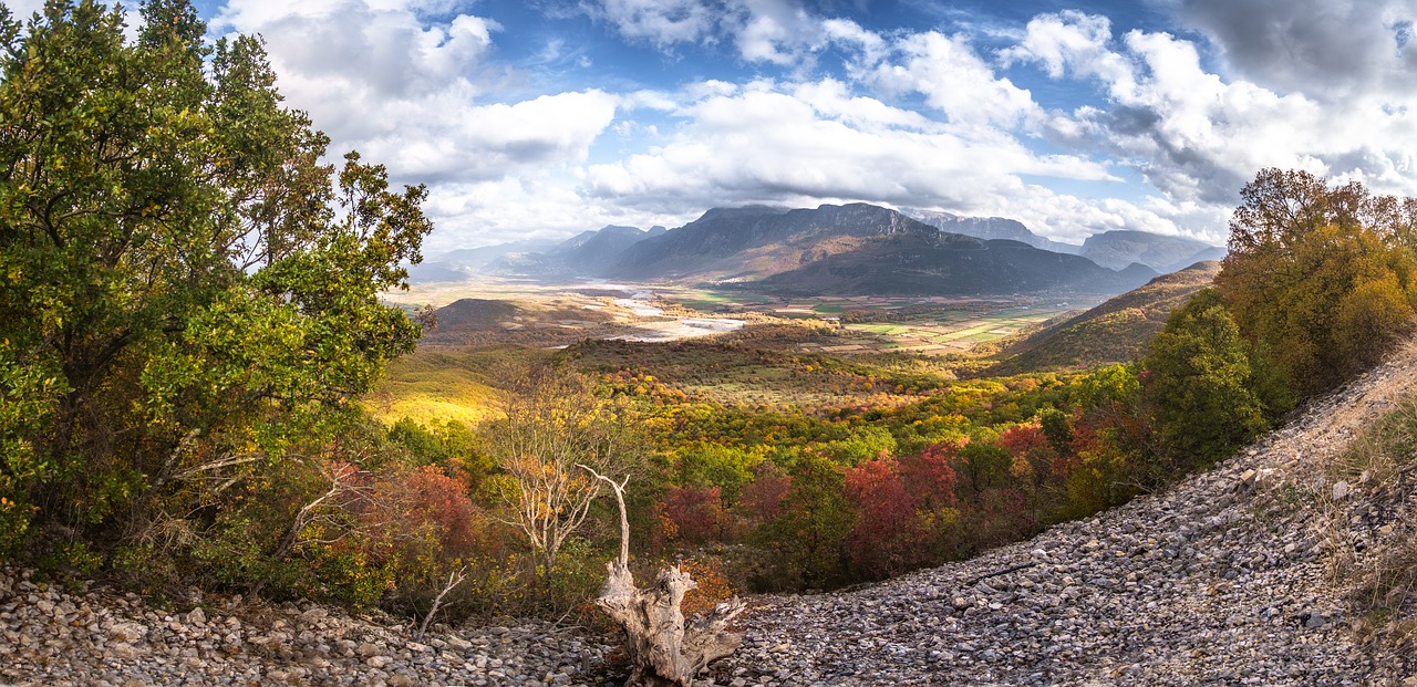 Kraštovaizdis, Panoraminis, Ruduo, Dangus, Graikija, Medis, Gamta, Spalvos, Debesys, Kalnai