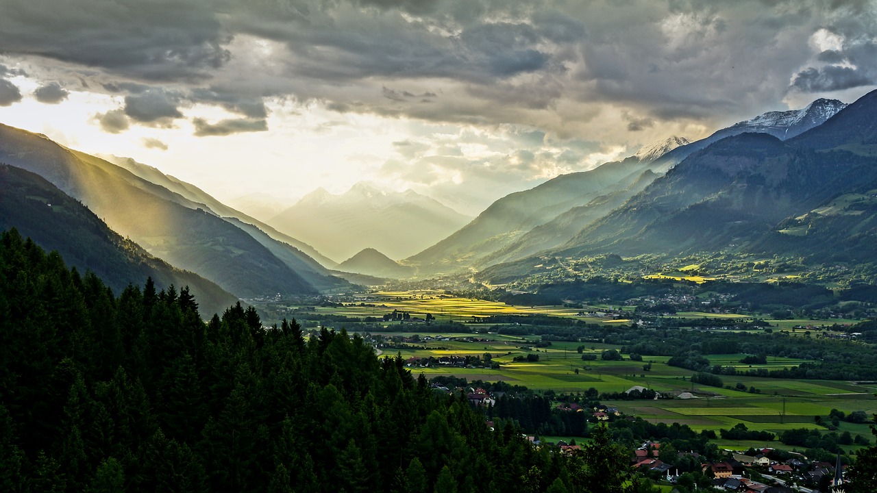 Kraštovaizdis,  Saulėlydžio,  Carinthia,  Austrija,  Mölltal,  Kalnai,  Daniel Berg,  Vakare,  Prieblanda,  Saulė