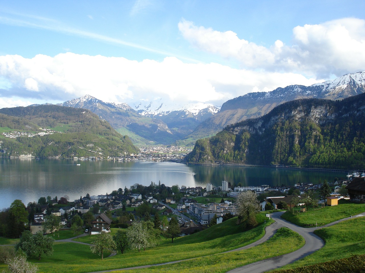 Peizažai, Kraštovaizdis, Ežeras, Centrinė Šveicarija, Nidwalden, Hergiswil, Ežero Lucerne Regionas, Šveicarija, Vasara, Vidinė Šveicarija