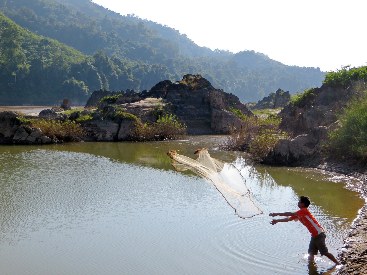 Laosas, Mékong, Žvejyba, Žvejys, Neto, Sparrowhawk, Nemokamos Nuotraukos,  Nemokama Licenzija