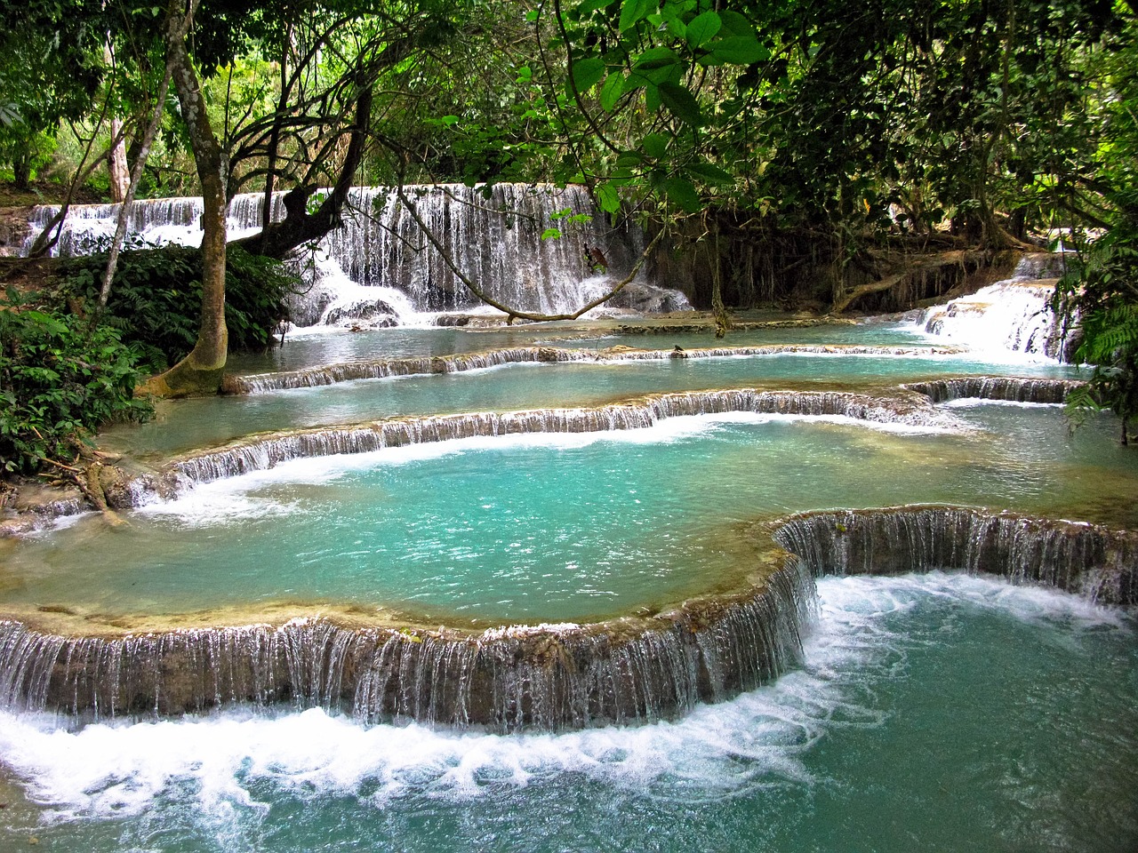 Laosas, Luang Prabang, Kriokliai, Tad Kuang Xi, Krioklys, Vanduo, Mėlynas, Turkis, Džiunglės, Medžiai