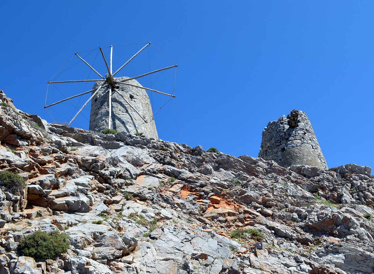 Lashitihochebene, Crete, Vėjo Malūnai, Graikija, Šventė, Kraštovaizdis, Sugadinti, Akmenys, Dangus, Mėlynas Dangus