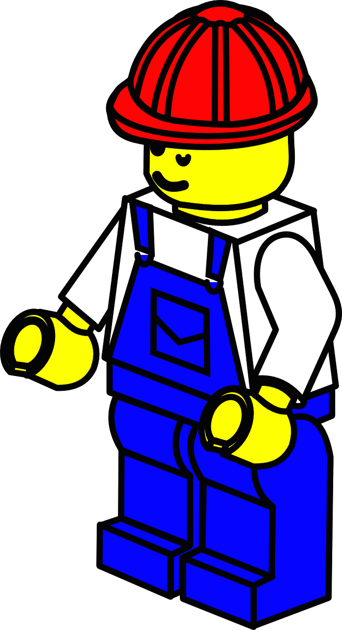 Lego, Gamykla, Vyras, Darbuotojas, Hardhat, Šalmas, Dungarees, Darbininkas, Mėlynas, Balta