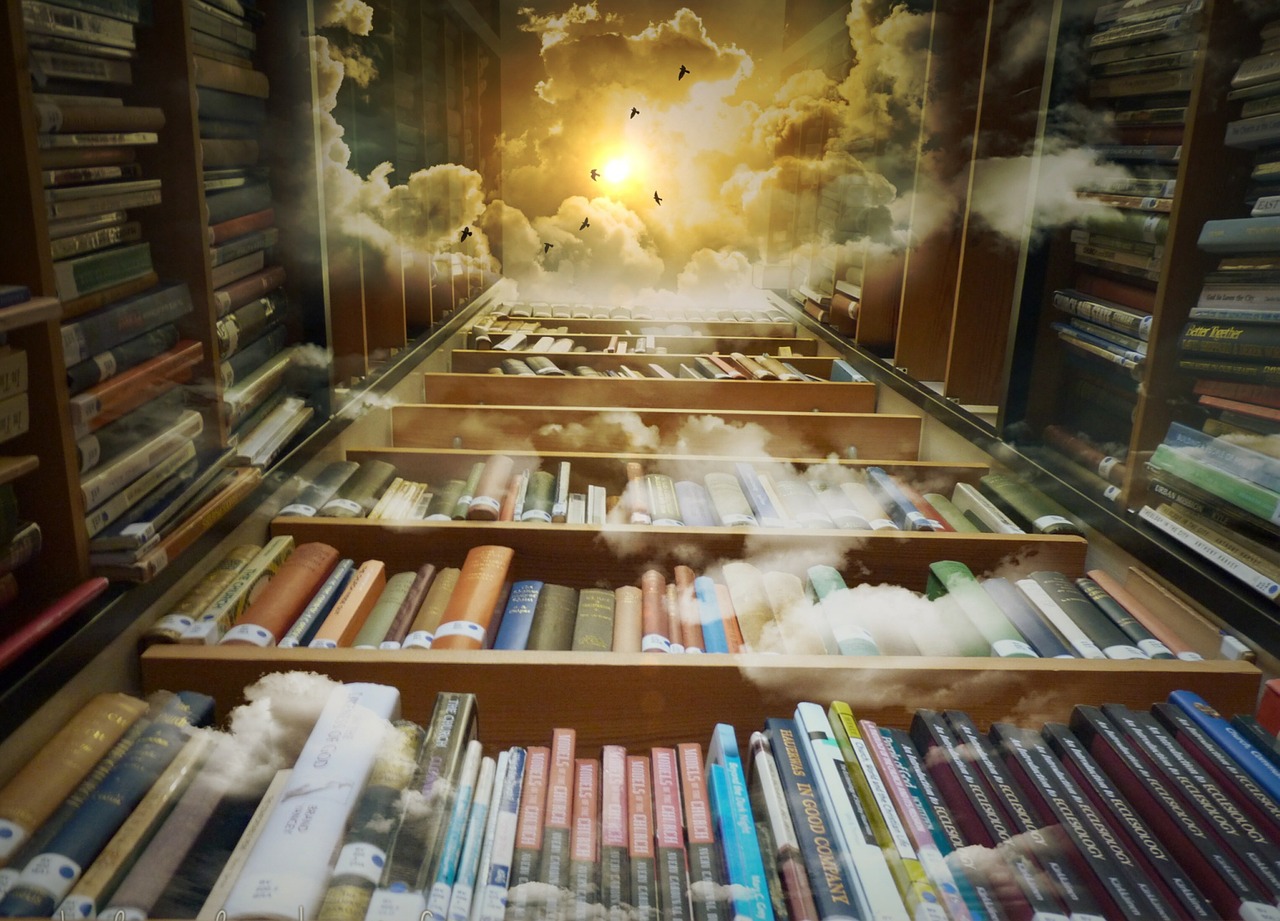 Biblioteka, Dangus, Paukščiai, Mistinis, Debesys, Saulė, Fantastinis, Nuotaika, Atmosfera, Poilsis