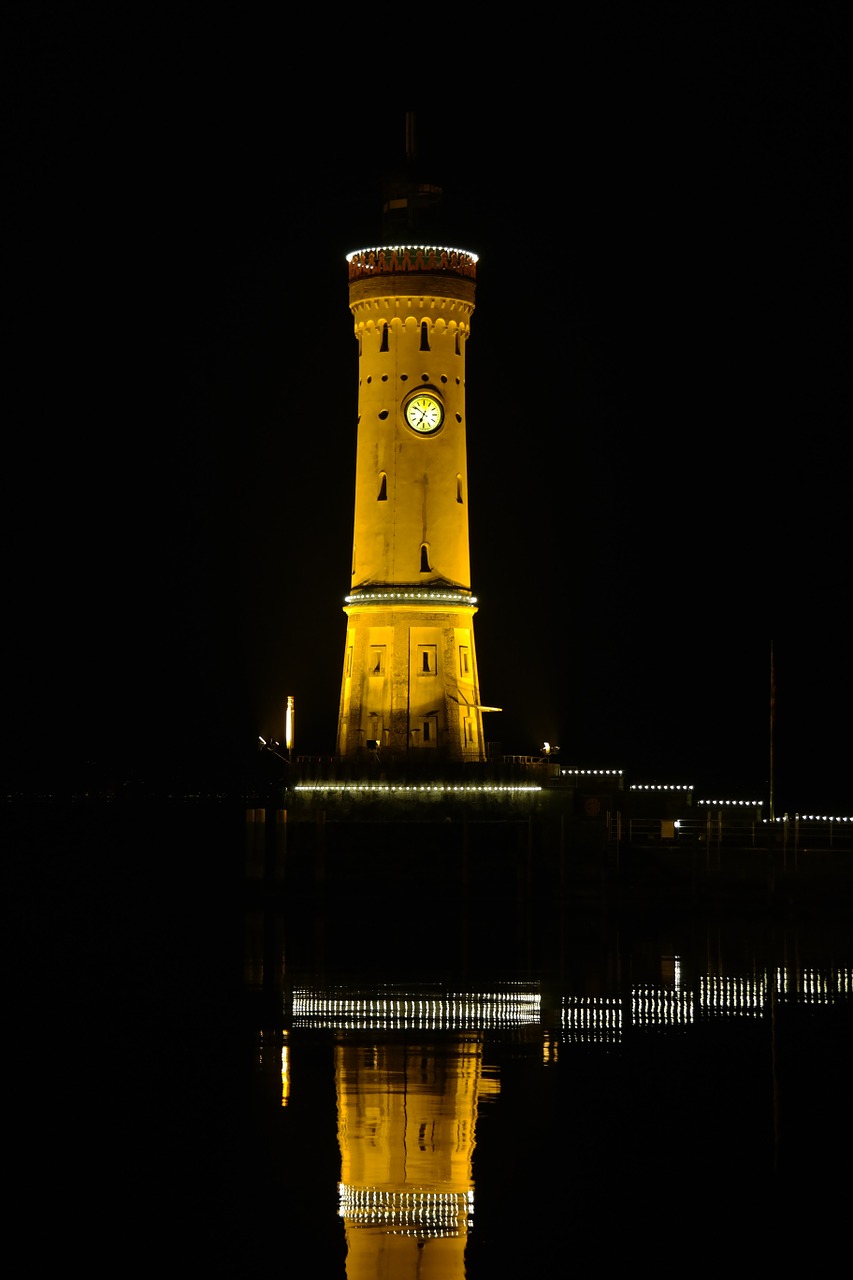 Lindau, Uostas, Švyturys, Ežero Konstanta, Ežeras, Vanduo, Allgäu, Bavarija, Naktis, Apšviestas