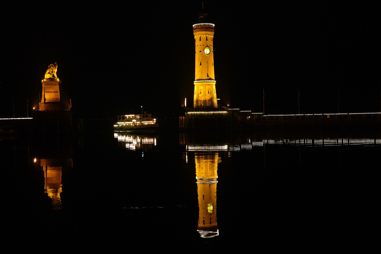 Lindau, Uostas, Švyturys, Bavarijos Liūtas, Ežero Konstanta, Ežeras, Vanduo, Allgäu, Bavarija, Naktis