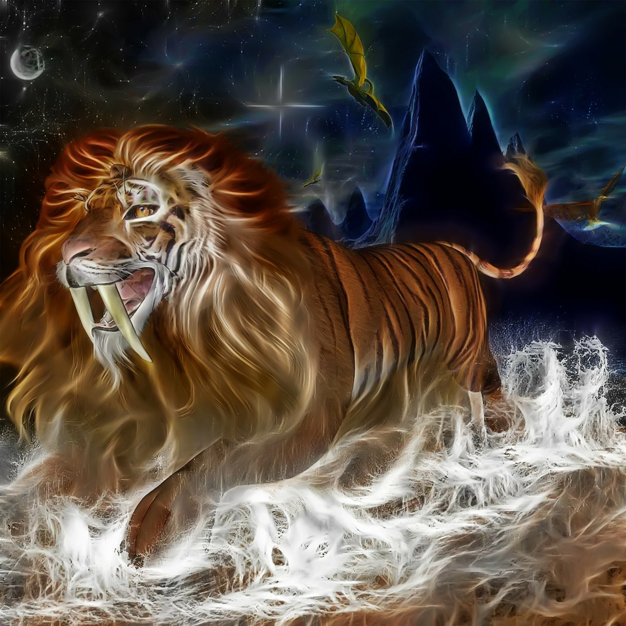 Liūtas, Tigras, Katė, Dangus, Upė, Akmenys, Fantazija, Sabertooth, Drakonas, Paukštis