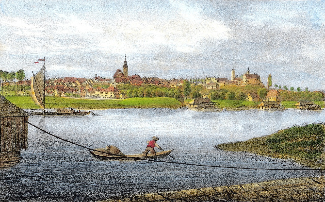 Litografija, Upė, Keltas, Laivų Gamyklos, Lorenzkirch, Strehla, 1840, Planografinė Spauda, Spaudimas, Spalvotas Spausdinimas