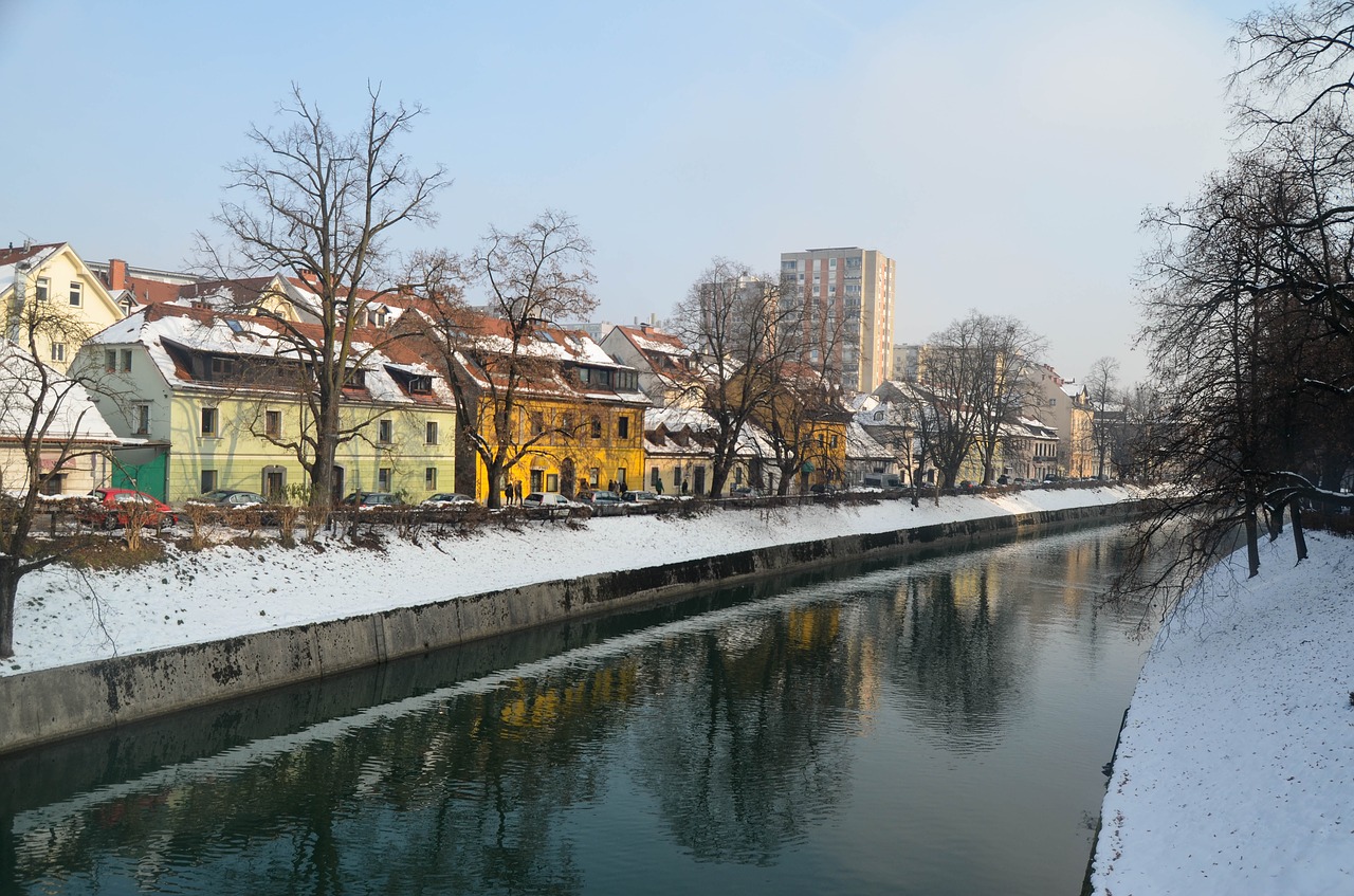 Ljubljana, Slovenia, Sniegas, Žiema, Miestas, Kraštovaizdis, Kanalas, Atspindys, Nemokamos Nuotraukos,  Nemokama Licenzija