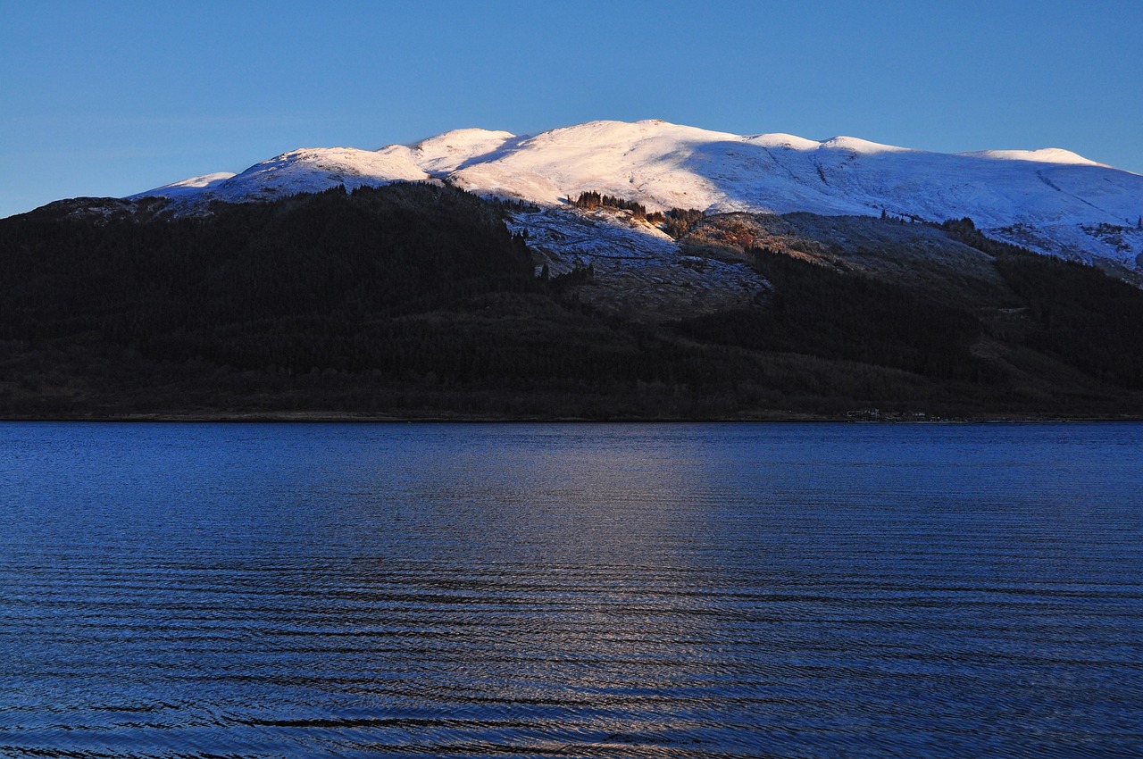 Loch Leven, Škotija, Highlands, Didžioji Britanija, Žiema, Sniegas, Ežeras, Kalnai, Dangus, Vanduo