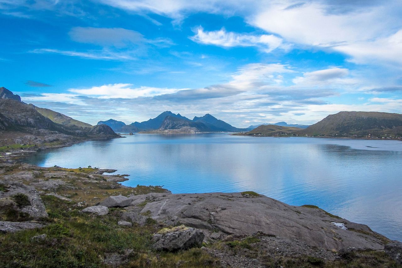 Lofoten, Jūra, Dangus, Kalnai, Norvegija, Gamta, Šventė, Skandinavija, Vanduo, Kraštovaizdis