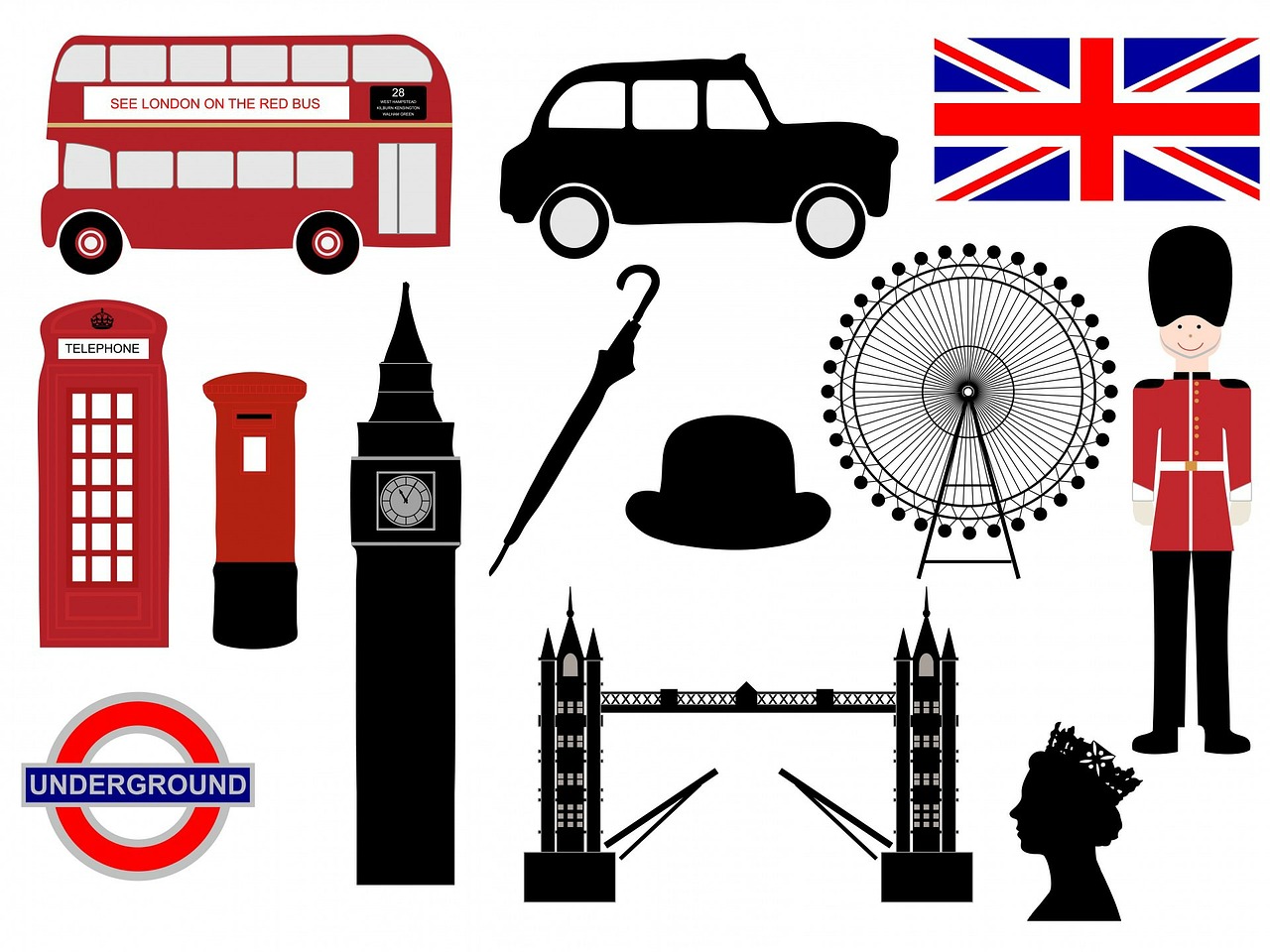 Londonas, Piktogramos, Simboliai, Kareivis, Karalienė, Bokšto Tiltas, Tiltas, Londono Akis, Telefonas, Dėžė
