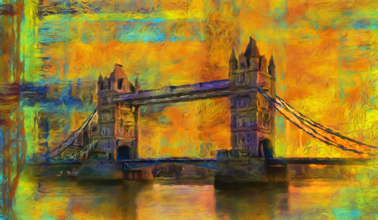 Londonas, Bokštas, Abstraktus, Tiltas, Anglija, Temzės Upė, Grafika, Spalvinga, Architektūra, Menas