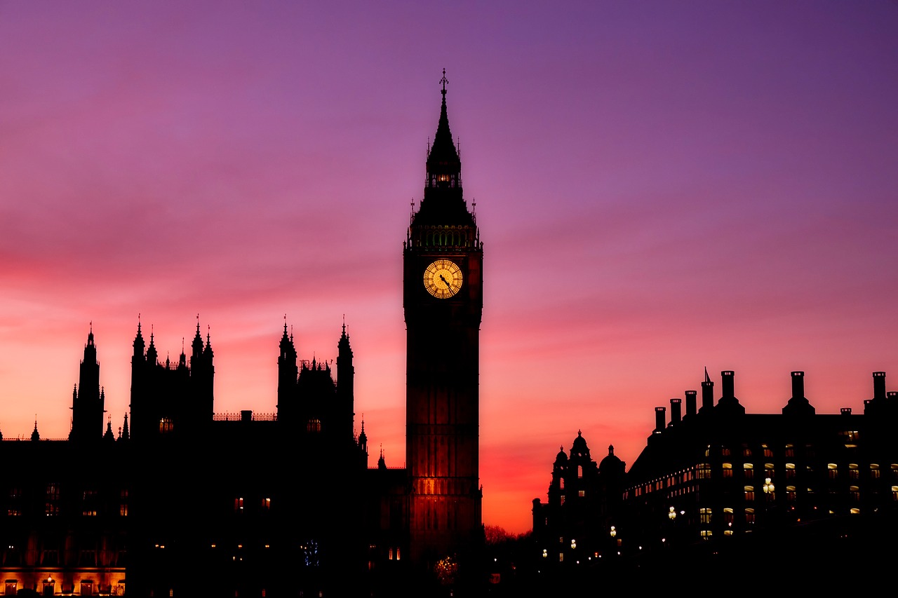 Londonas, Anglija, Didžioji Britanija, Didysis Benas, Parlamentas, Architektūra, Orientyrai, Istorinis, Saulėlydis, Dusk