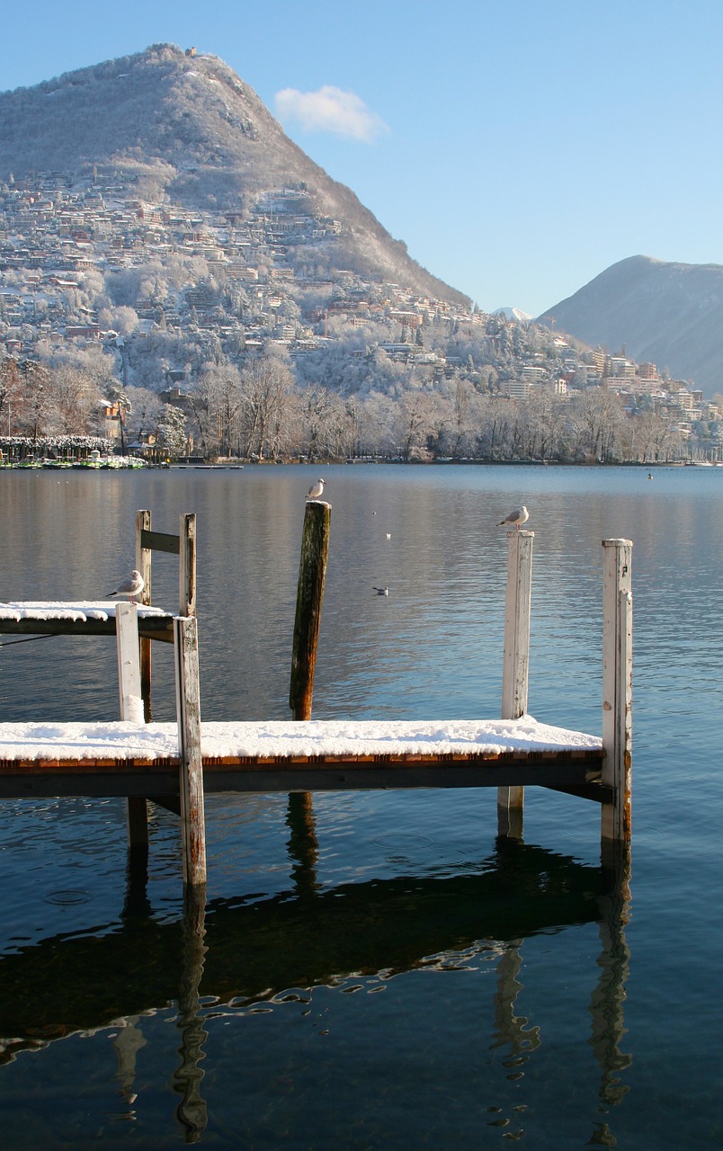 Lugano, Šveicarija, Vanduo, Ežeras, Kalnai, Žiema, Sniegas, Sol, Veidrodėliai, Tylus