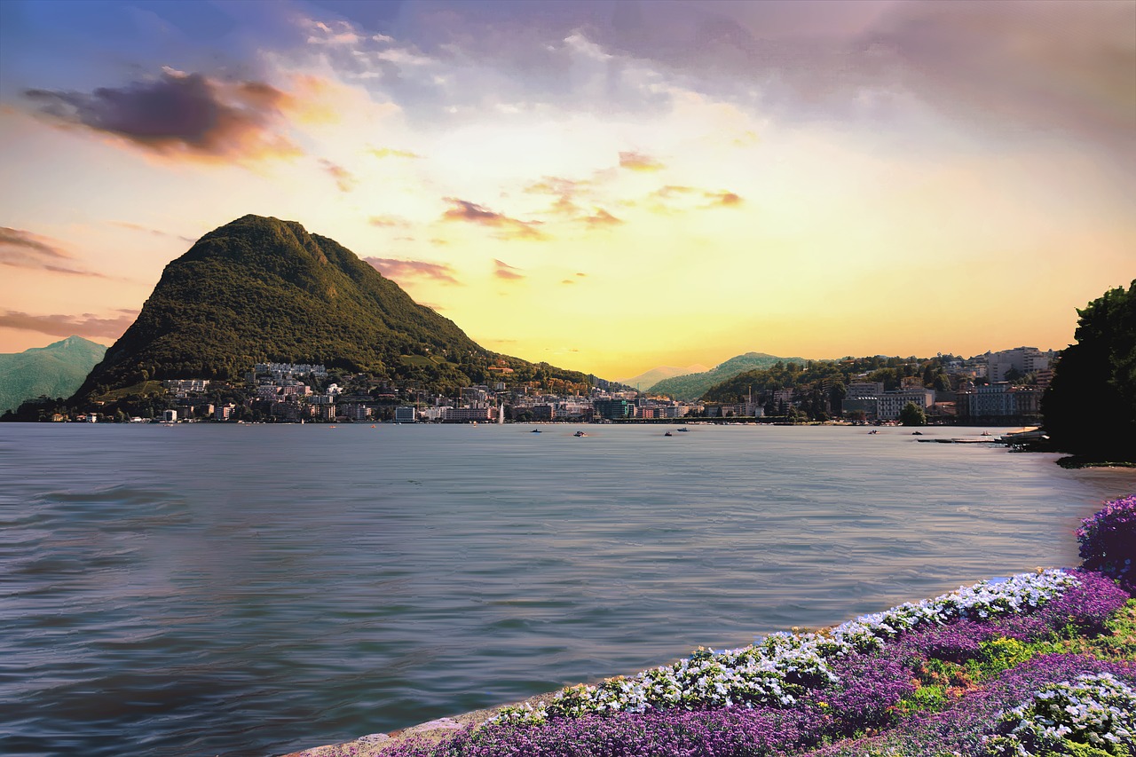 Lugano,  Ežeras,  Šveicarija,  Vandens,  Kalnai,  Pobūdį,  Kraštovaizdis,  Dangus,  Saulėlydžio,  Lake Front