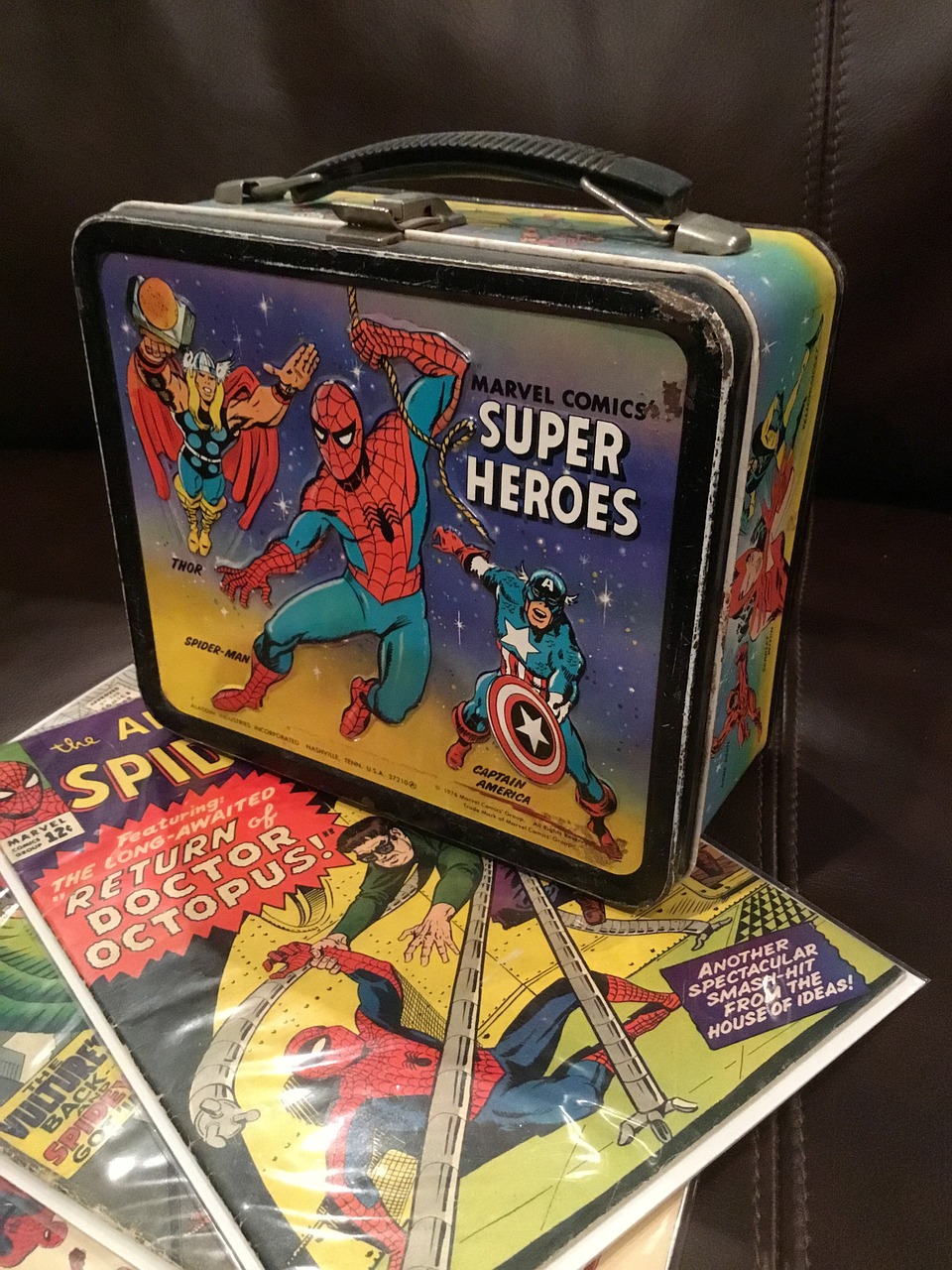 Pietų Dėžutė, Super Herojus, Žmogus-Voras, Komiksai, 1960, Rusvas, Senas, Thor, Kapitonas Amerika, Doc Ock