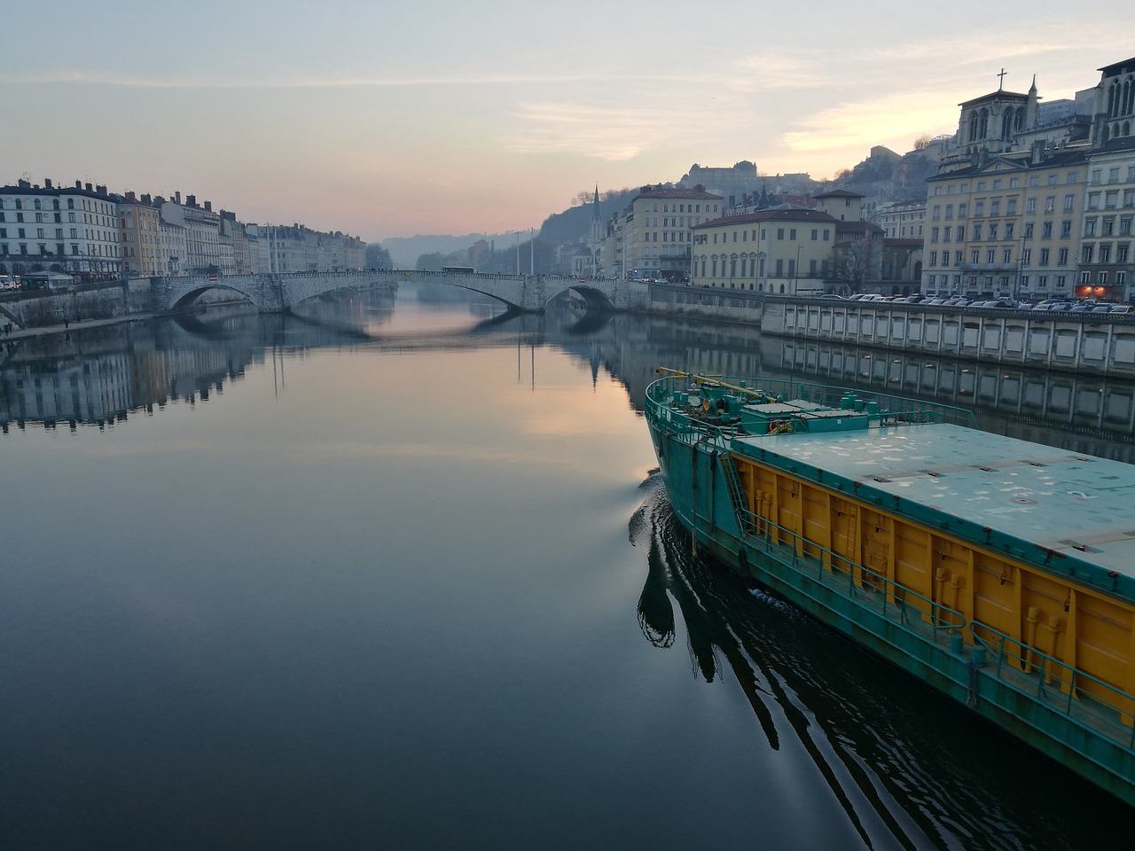 Lyon, France, Valtis, Tiltas, Saulėlydis, Vanduo, Kanalas, Nuotykis, Kraštovaizdis, Barca