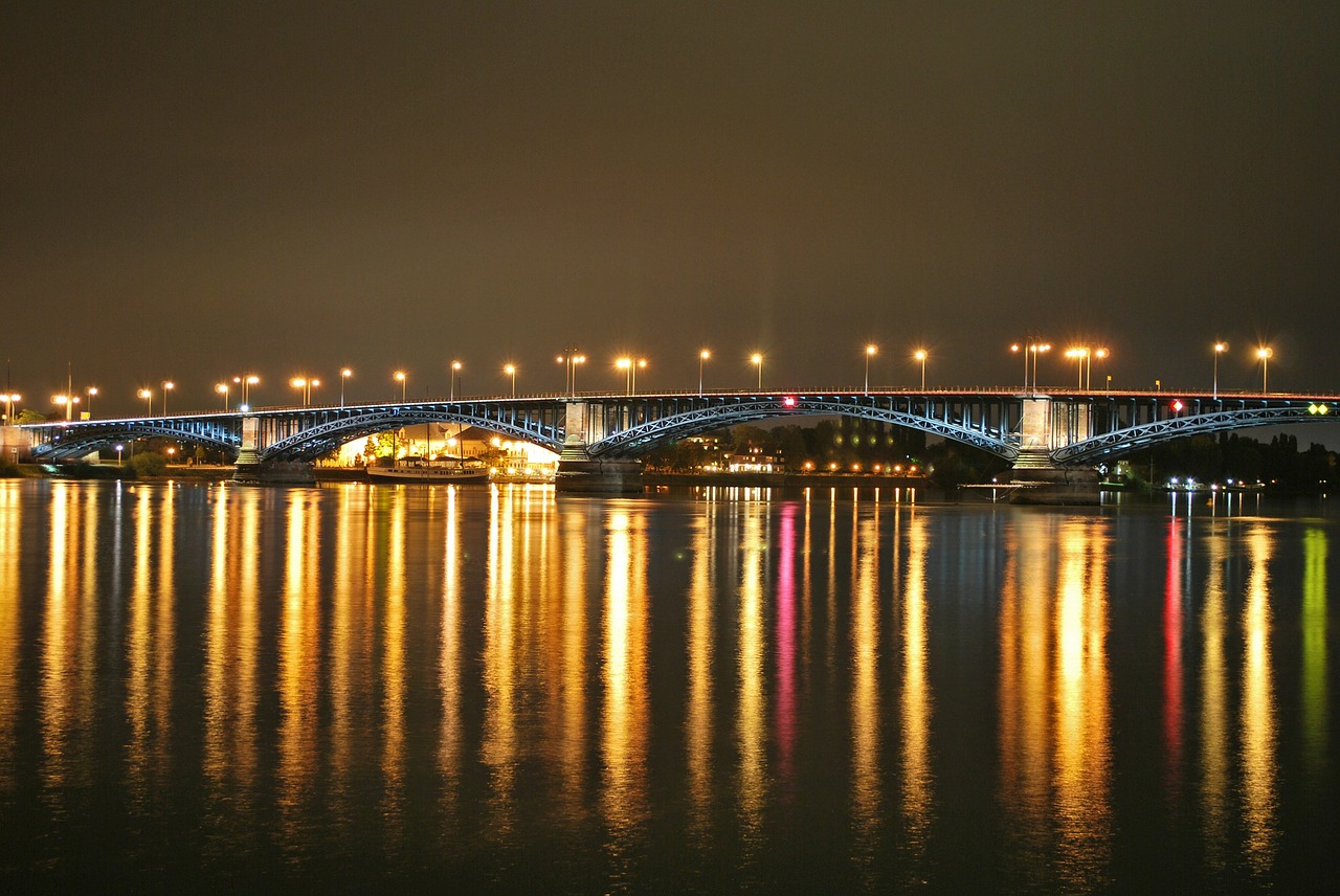 Mainz, Theodor Heuss Tiltas, Naktinė Fotografija, Naktinė Nuotrauka, Tiltas, Miestas, Naktis, Apšvietimas, Žibintai, Rinas