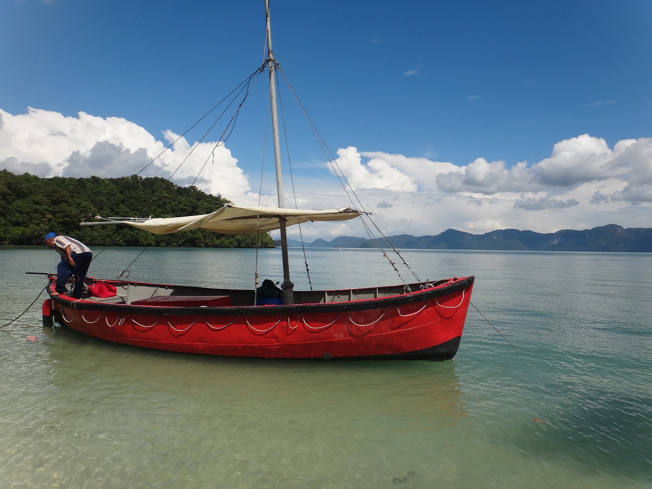 Malaizija, Boot, Raudona, Burinė Valtis, Langkawi, Fischer, Vanduo, Nuotaika, Turkis, Papludimys