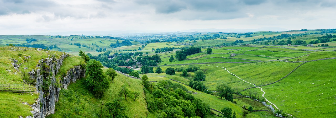 Malham Cove, Jorkšyras, Pano, Panorama, Slėnis, Karalystė, United, Rokas, Anglų, Malham