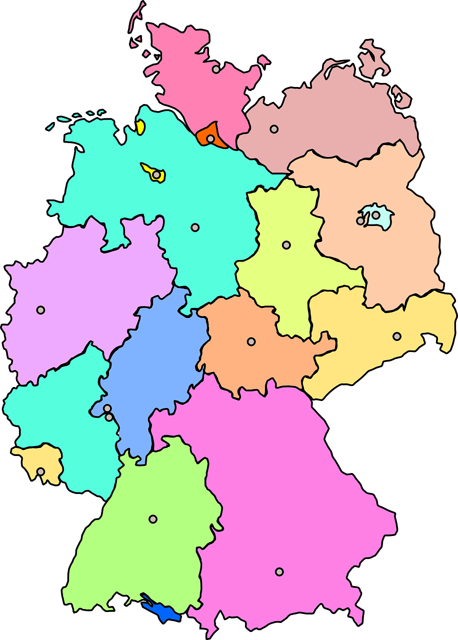 Žemėlapis, Vokietija, Valstijos, Kontūrai, Spalvos, Geografija, Šalis, Izoliuotas, Figūra, Nemokama Vektorinė Grafika