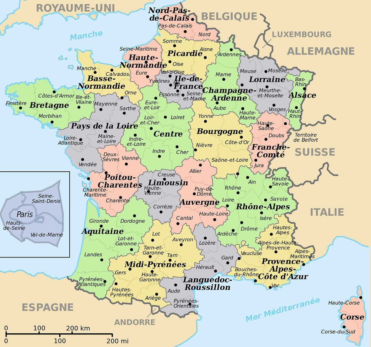 Prancūzijos Žemėlapis, Perskaičiuota Į Prancūzų Kalbą, Departamentai, Prefektūros, Kaimyninės Šalys, Švietimas, Mokymasis, Mokyklos Žemėlapis, Juros, Geografija