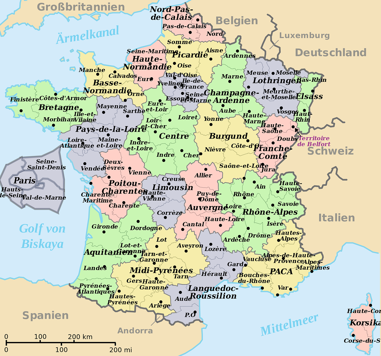 Prancūzijos žemėlapis,išverstas į vokiečių kalbą,departamentai