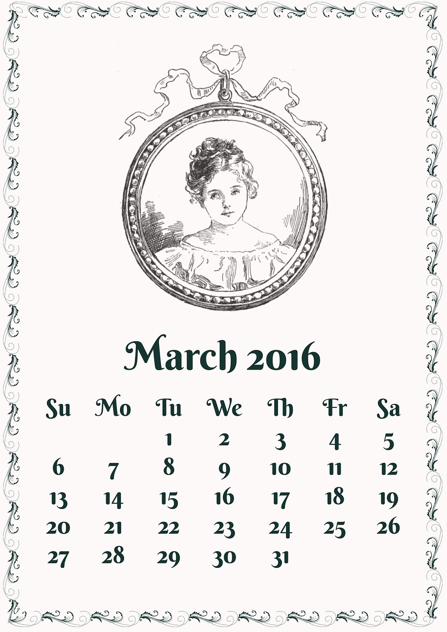 2016 M. Kovo Mėn ., Kovas, 2016, Kalendorius, Mėnuo, Vintage, Portretas, Miniatiūrinė, Mergaitė, Rėmas