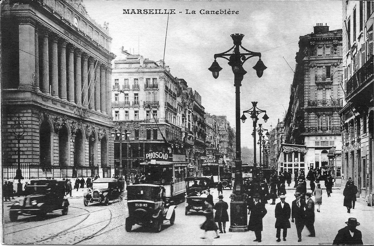 Marseille, Canebière, France, Senoji Atvirukas, Tramvajus, Autobusas, Praeiviai, Žmonės, Vyras, Moteris