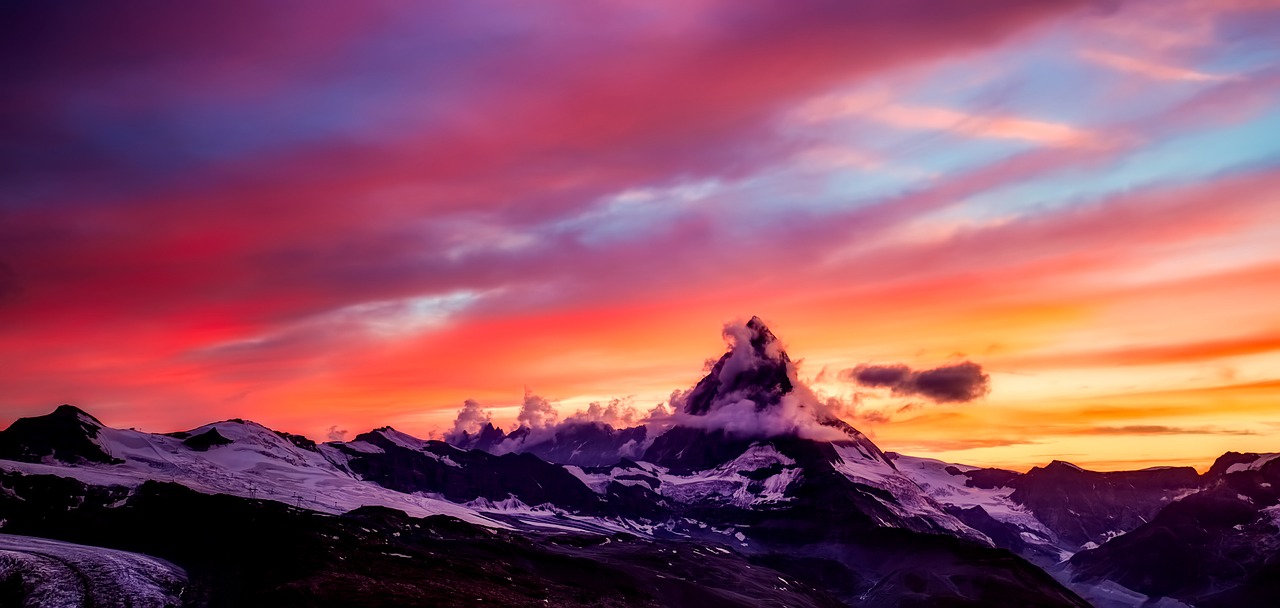 Matterhorn, Kalnai, Saulėlydis, Dusk, Sniegas, Žiema, Panorama, Dangus, Debesys, Kraštovaizdis