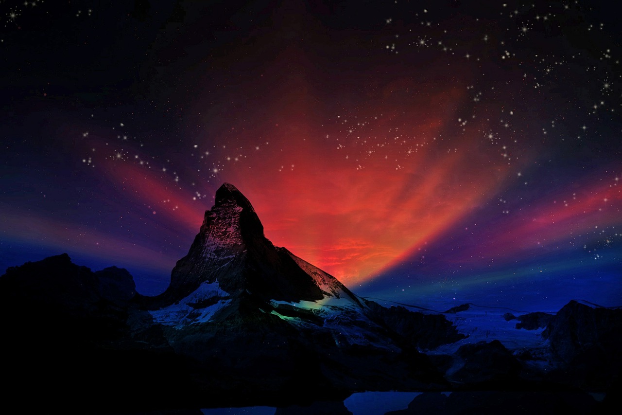 Matterhorn, Swiss, Fantazija, Kraštovaizdis, Naktis, Aurora, Žvaigždės, Dangus, Tamsi, Žėrintis