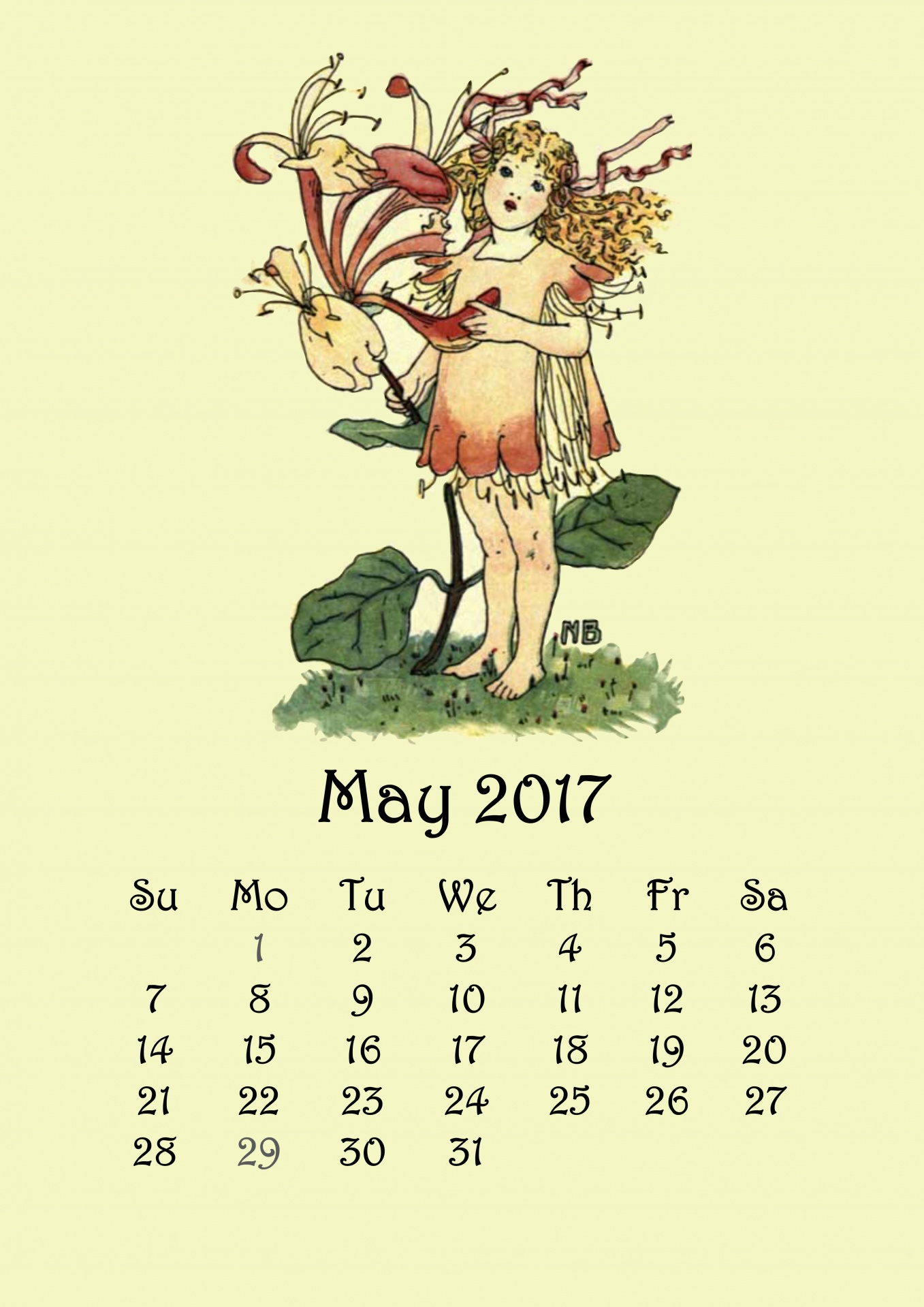 Gegužė,  2017,  Kalendorius,  Fėja,  Gėlė,  Nellie & Nbsp,  Benson,  Vintage,  Žiedlapis,  Lapai