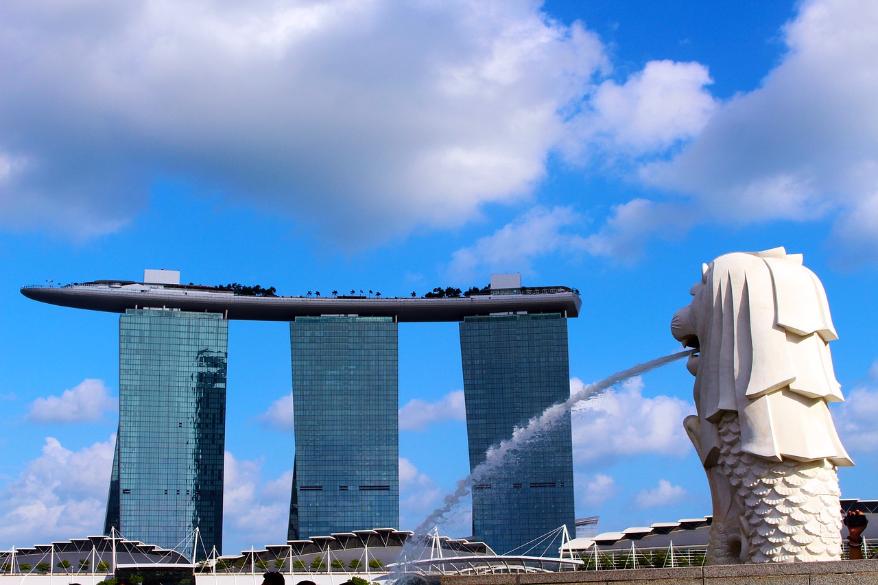 Merlionas, Marina Bay Sands Hotel, Singapūras, Marina Bay Smėliai, Viešbutis, Architektūra, Asija, Šiuolaikiška, Miestas, Orientyras