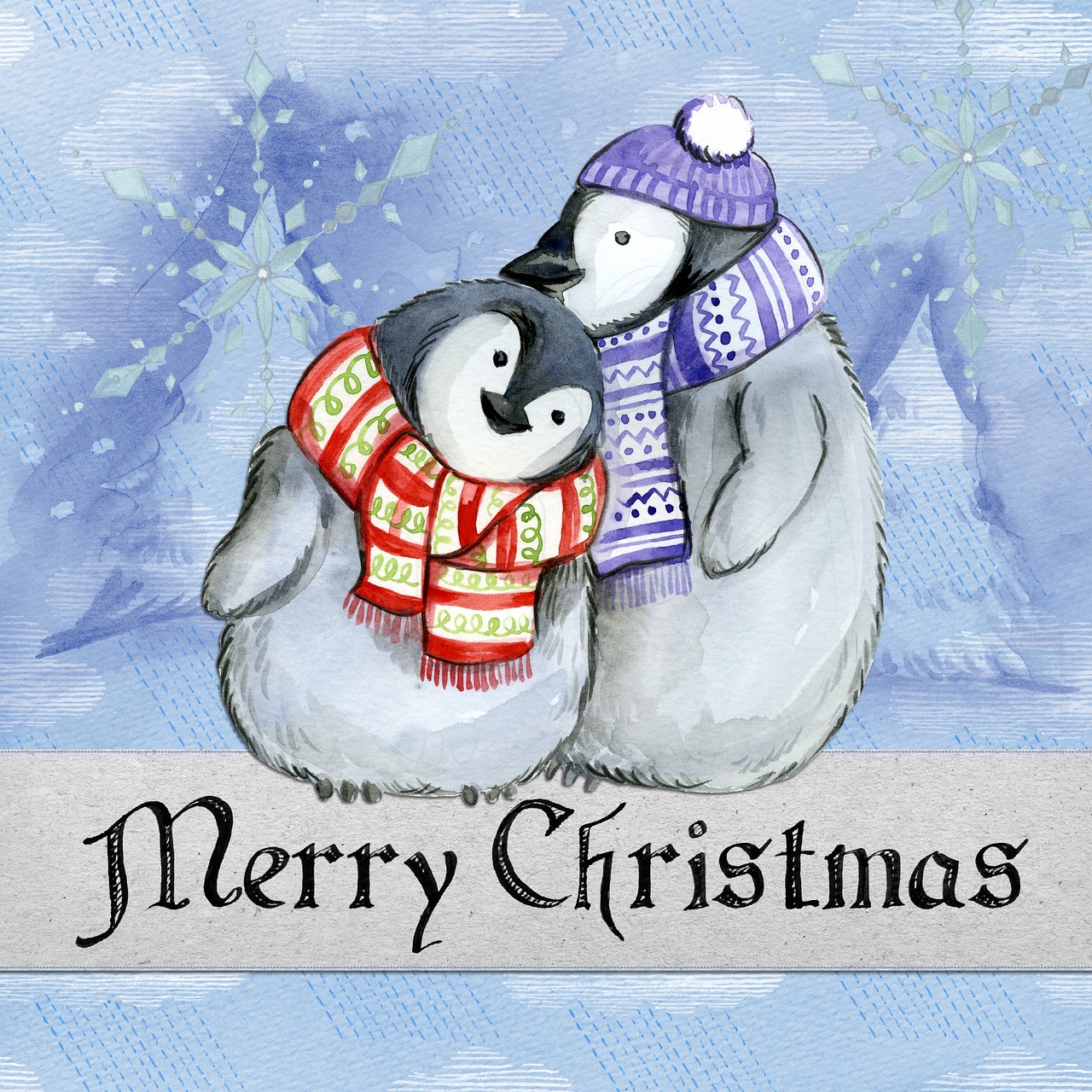 Linksmų Kalėdų, Pingvinas, Akvarelė, Kortelė, Žiema, Sniegas, Xmas, Mielas, Medis, Snaigė