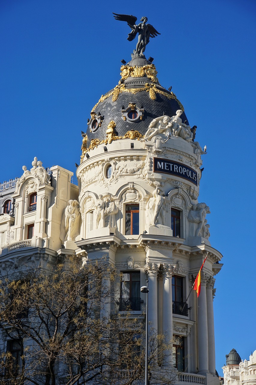 Metropolis, Ispanija, Madride, Pastatas, Didmiestis, Architektūra, Miestas, Orientyras, Mėlynas, Auksas