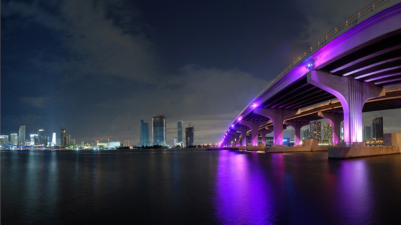 Miami, Panorama, Centro, Naktis, Architektūra, Miestas, Verslas, Tiltas, Miesto Panorama, Vanduo