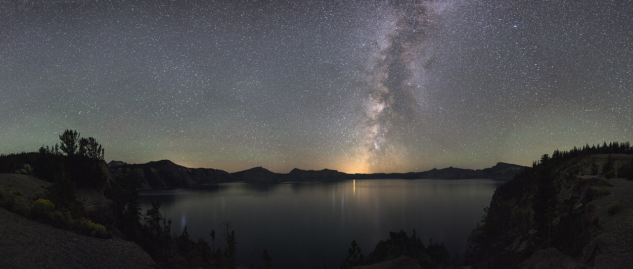 Paukščių Takas, Naktis, Kraštovaizdis, Siluetai, Kraterio Ežero Nacionalinis Parkas, Oregonas, Usa, Atspindys, Dangus, Žvaigždės
