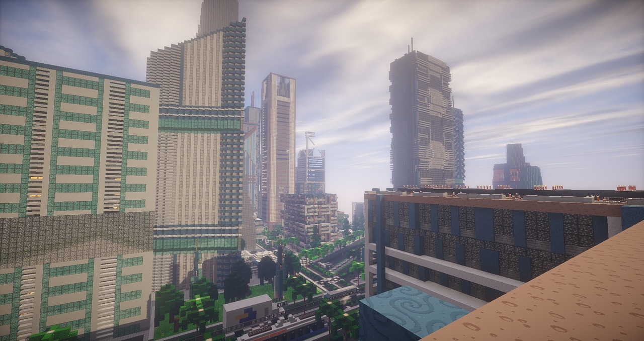 Minecraft, Žemėlapis, Miestas, Dangoraižis, Dangoraižiai, Shader, Debesuotumas, Kelias, Medžiai, Nuosėdos
