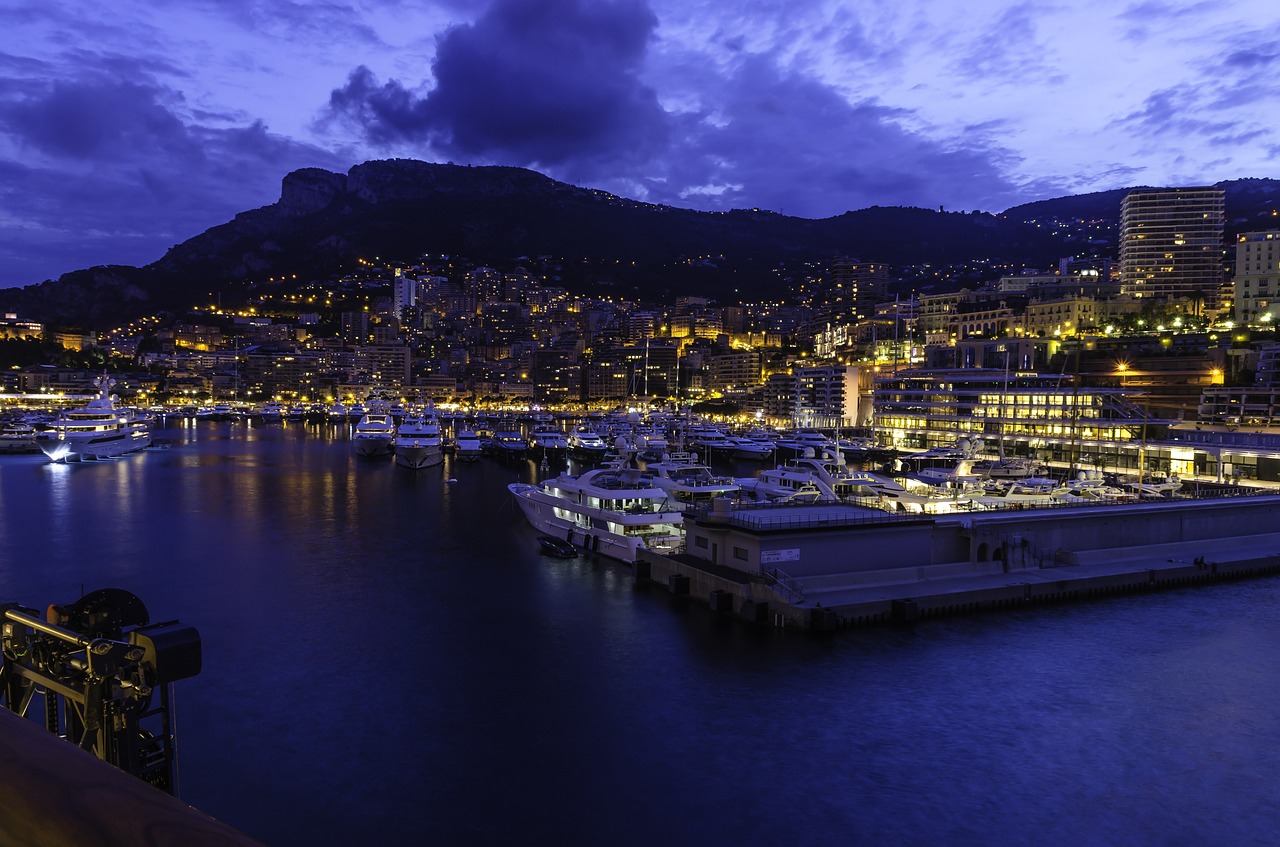 Monaco, Naktis, Uostas, Pajūryje, Miestas, Naktiniai Žiburiai, Marina, Vanduo, Kalnai, Kraštovaizdis