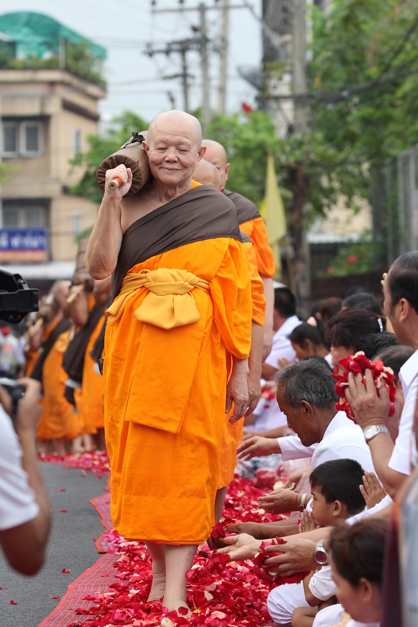 Vienuoliai, Budistams, Vaikščioti, Rožių Žiedlapiai, Tailandas, Tradicija, Ceremonija, Žmonės, Oranžinė, Drabužiai