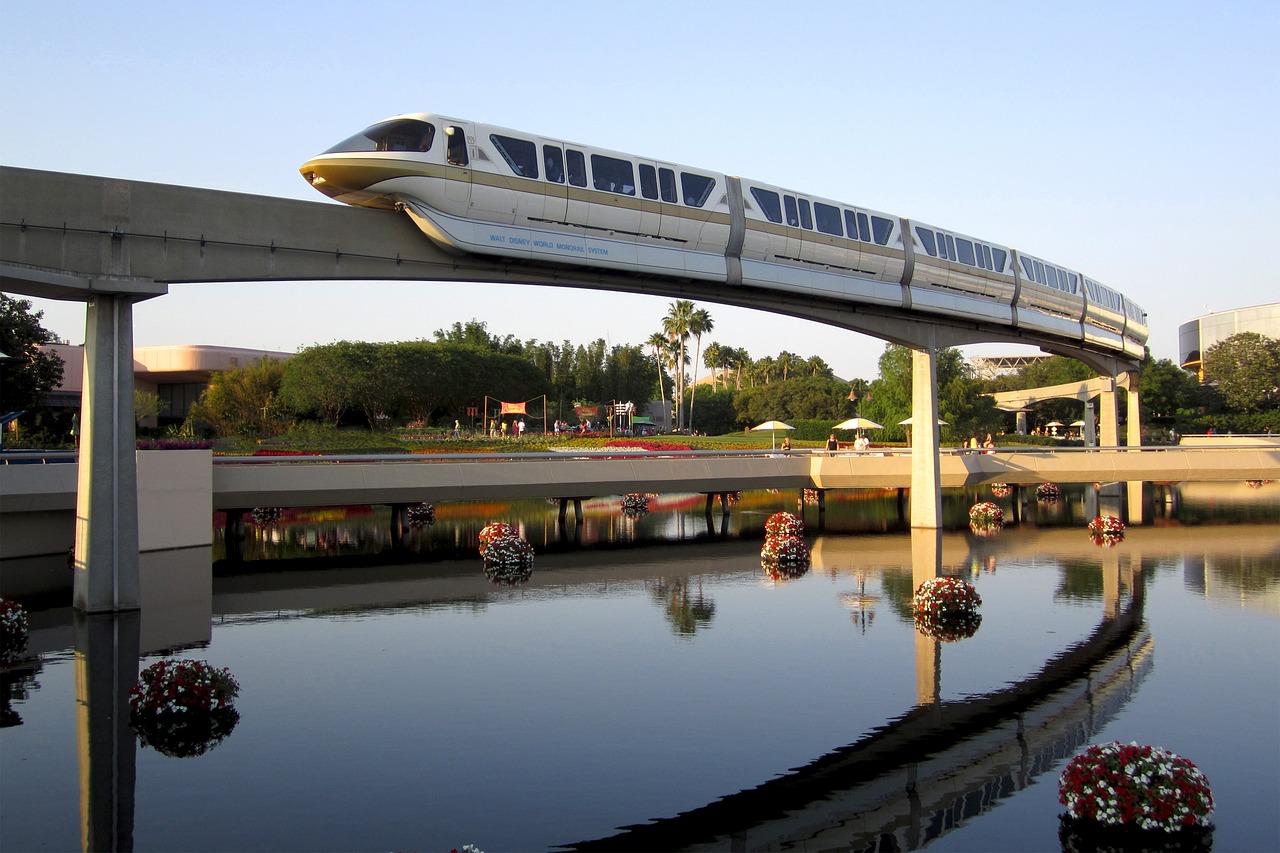 Monorailas, Transportas, Gabenimas, Disney, Epcot, Atspindys, Lagūnas, Saulėlydis, Traukinys, Geležinkelis