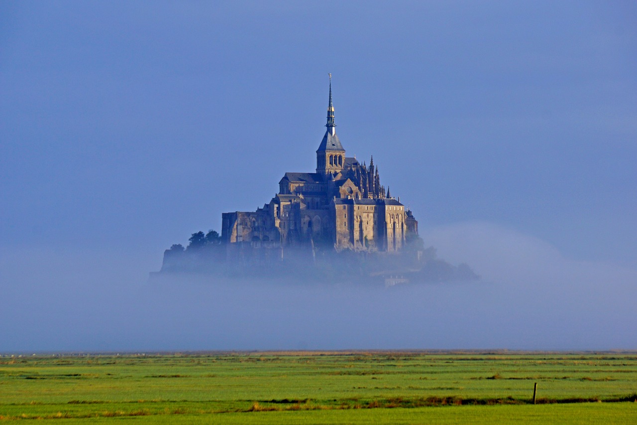 Mont-Saint-Michel,  Sala,  Akmenuotas,  Tvirtovė,  Prancūzija,  Rūkas,  Mėlyna,  Žalias,  Normandija,  Pakrantės