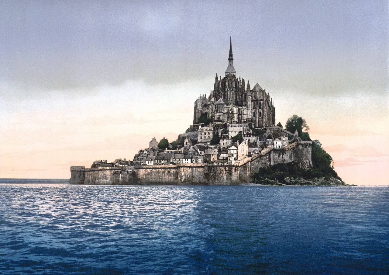 Mont St Michel, Sala, Bažnyčia, Normandija, France, Katedra, Turizmas, Kelionė, Pilis, Vanduo