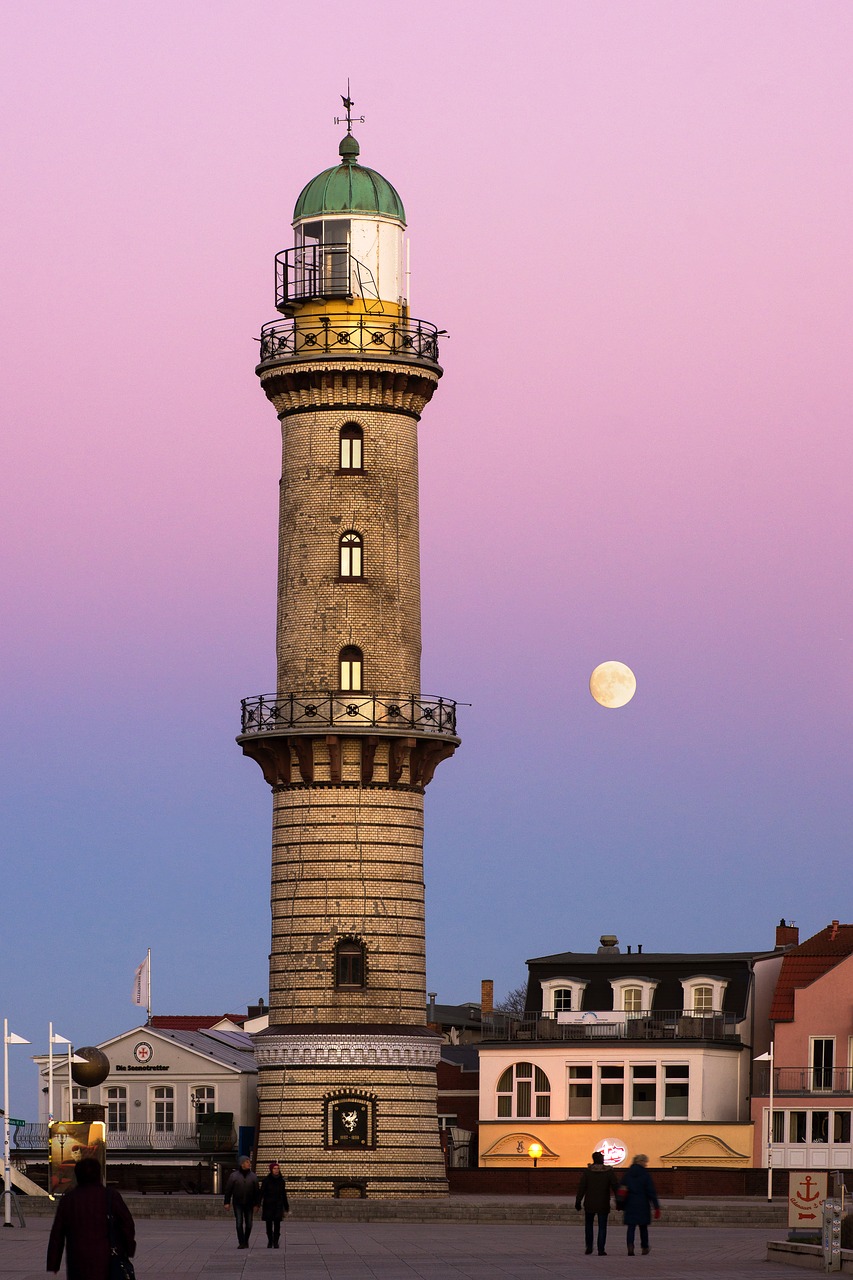 Mėnulis,  Architektūra,  Warnemünde,  Rostokas,  Švyturys,  Vakare,  Šviesos,  Statyba,  Kraštovaizdis,  Twilight